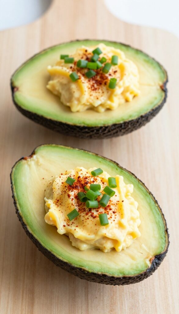 Deviled egg avocado boats on a wooden board