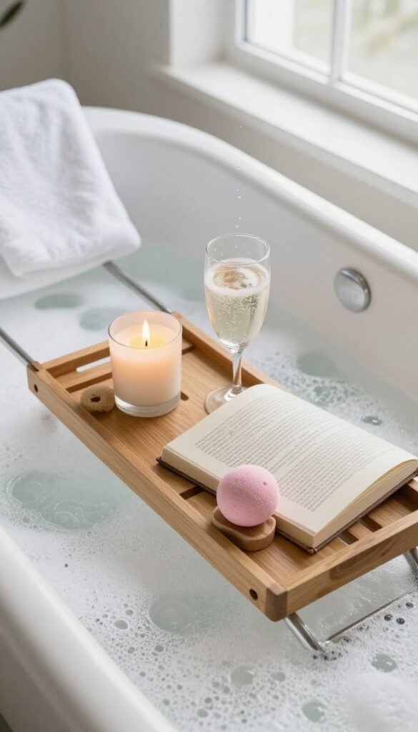 Luxurious bath time bliss basket with bath caddy, candle, cider, book, and bath bomb