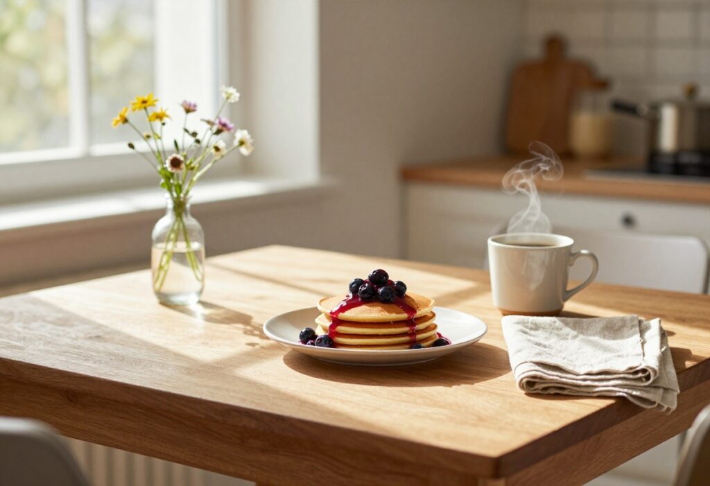 Cozy breakfast nook with pancakes, coffee, and flowers on a wooden table