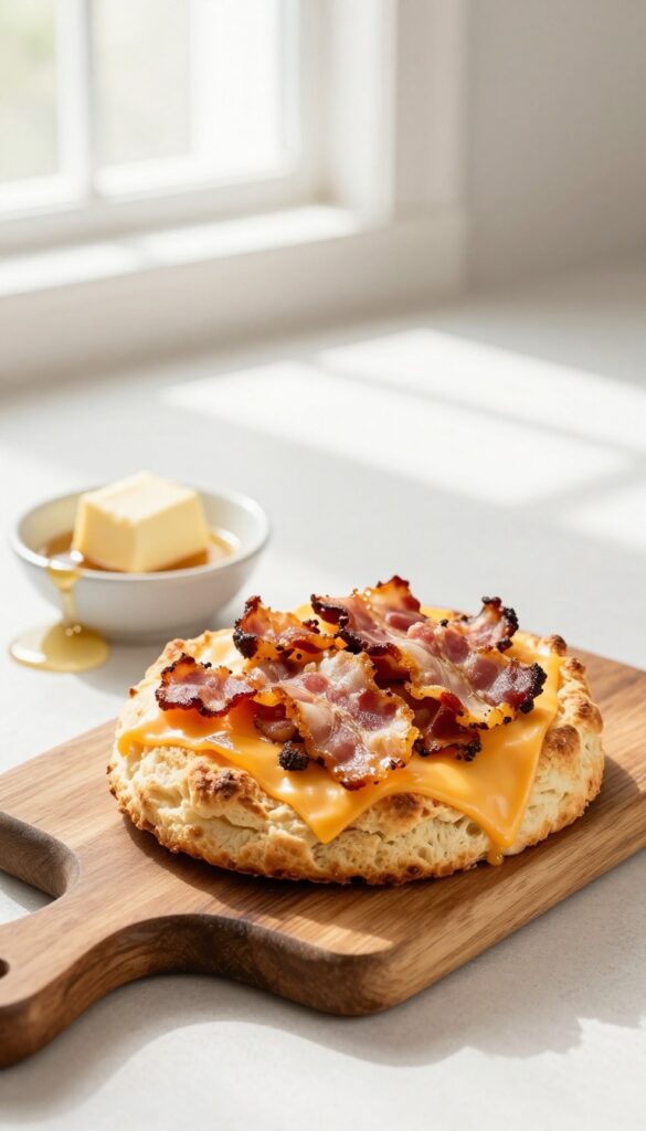 Golden bacon and cheddar scone on a wooden board with butter and honey