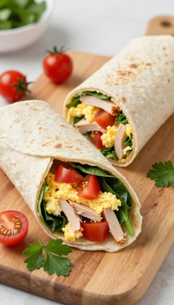 Turkey and egg wrap cut in half on a wooden board with fresh ingredients