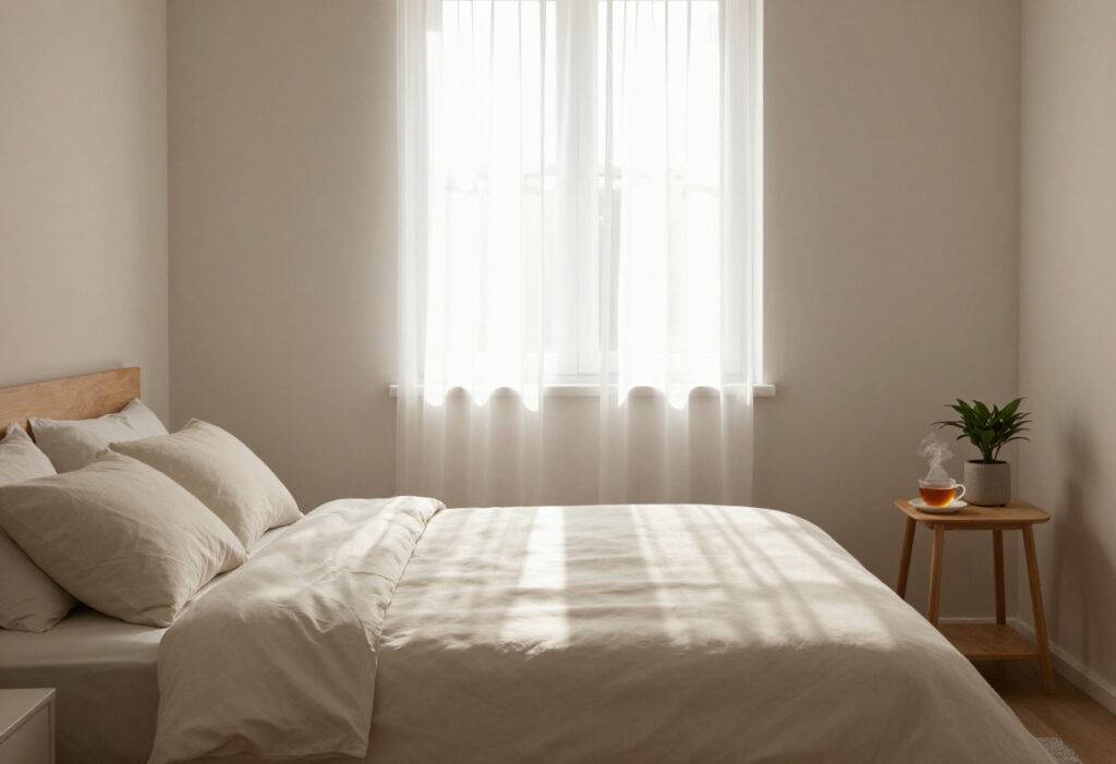 Peaceful bedroom with morning light, made bed, plant, and tea