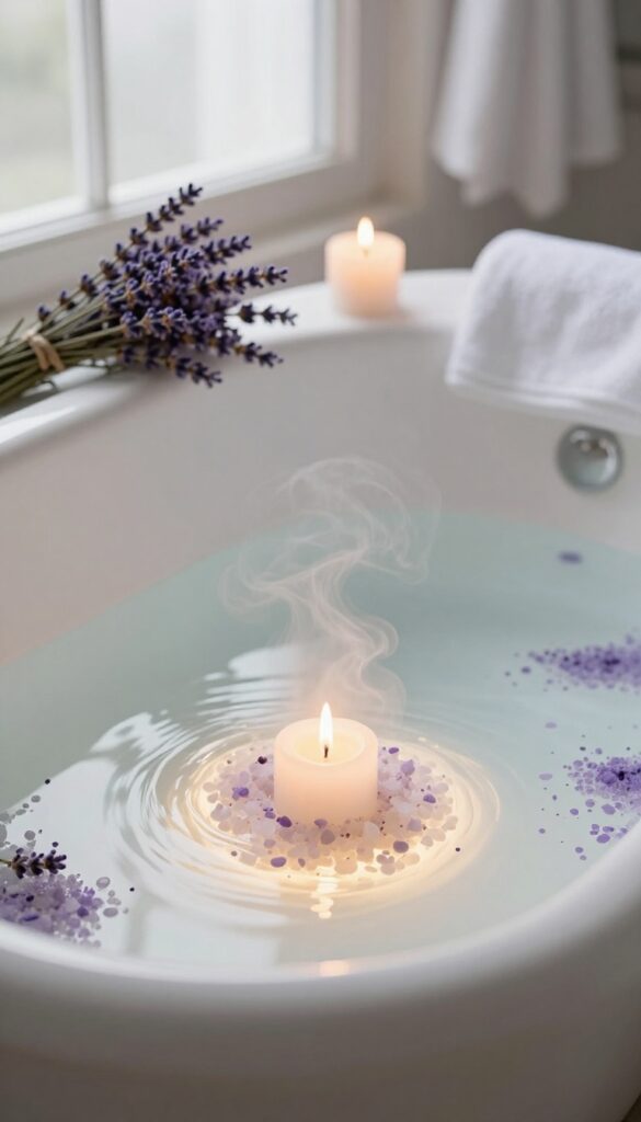A warm bath with Epsom salts, candle, and lavender for a relaxing self-care ritual.