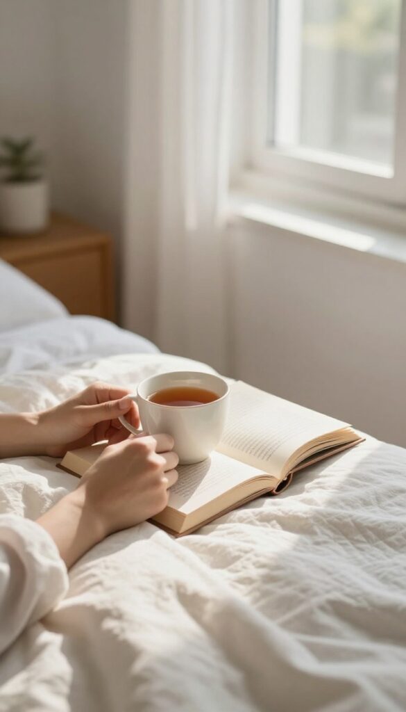 Peaceful morning reading with a cup of tea and soft blanket