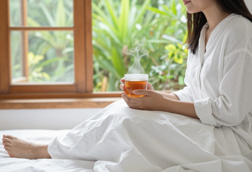 Person enjoying a quiet morning with tea, representing self-care routine