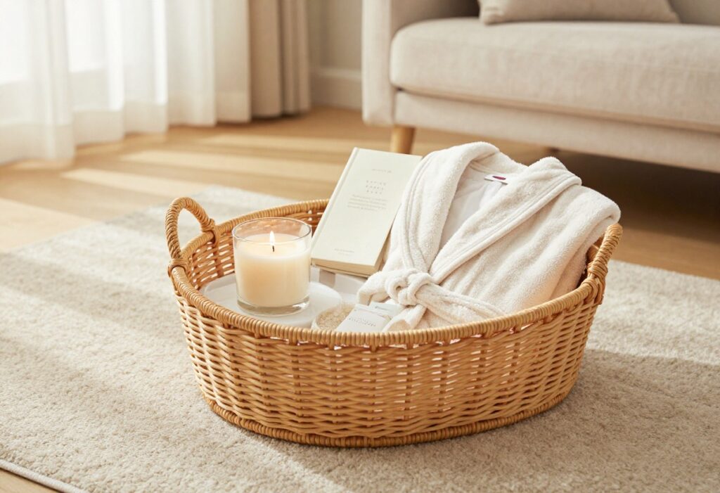 A cozy self-care basket with bath products and a candle on a rug