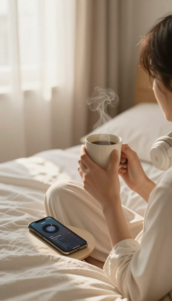 Person sitting on bed in morning light with headphones and coffee, smartphone showing music playlist
