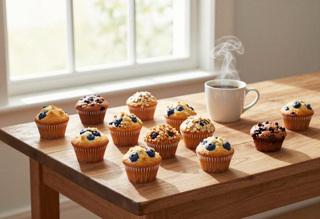 Assorted homemade muffins on a wooden table with a cup of coffee