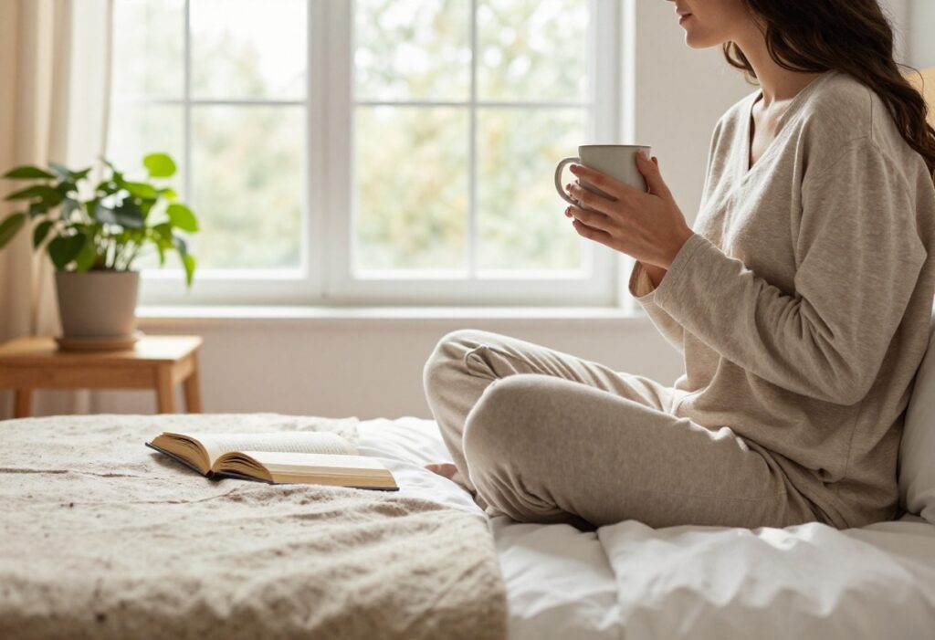 Person in cozy loungewear sitting on bed holding a warm mug in a sunlit, serene bedroom