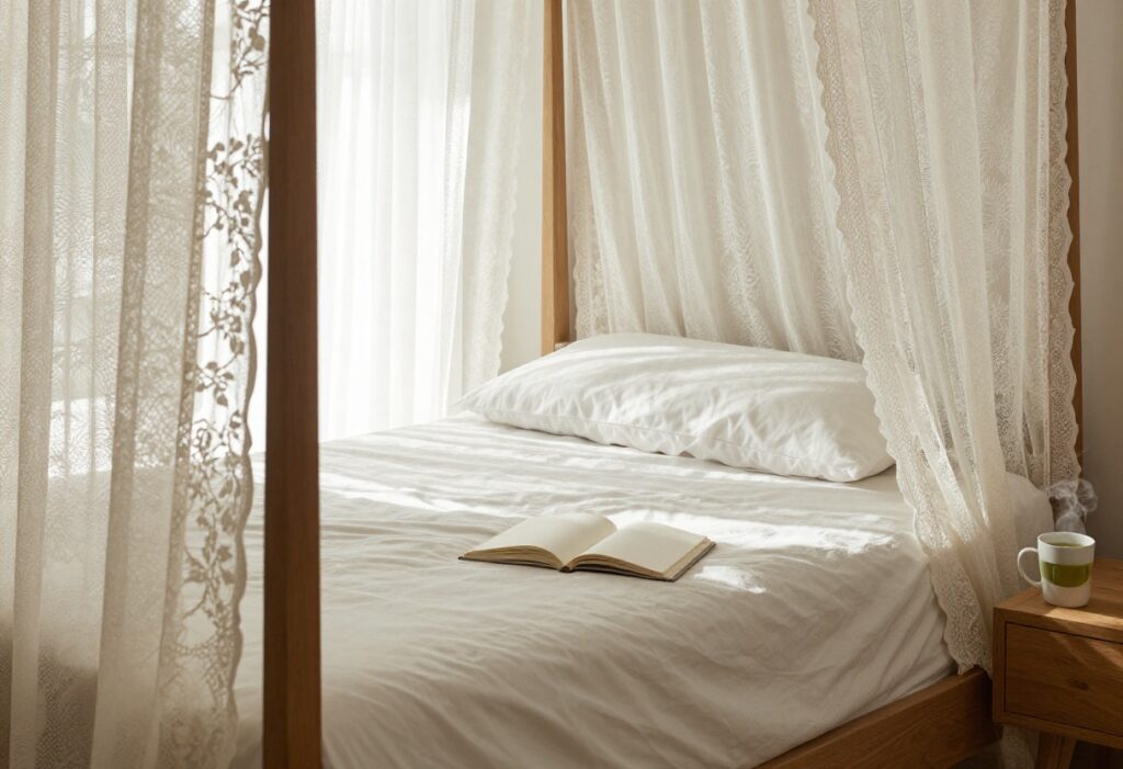 Cozy bedroom with tea and journal, representing self-care and relaxation.