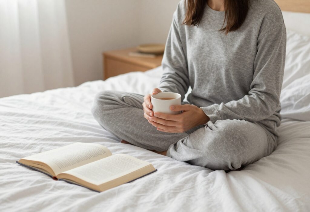 Cozy bedroom scene with person in pajamas sipping tea before bed