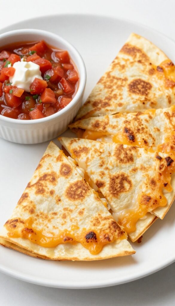 Microwave cheese quesadilla wedges on a plate with salsa and sour cream