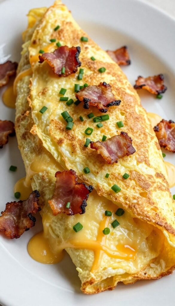 Cheesy bacon and chive omelette on a plate