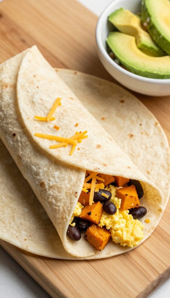 Sweet potato and black bean breakfast burrito being rolled on a wooden board with salsa and avocado nearby