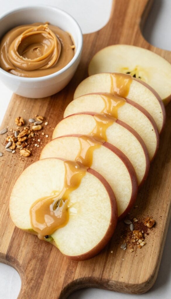 Apple slices with sunflower butter on a wooden cutting board