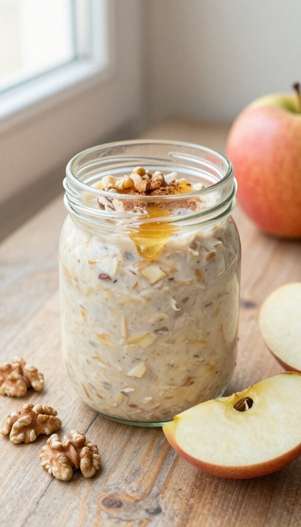 Apple cinnamon overnight oats in a glass jar with walnuts and apple slice on a wooden table