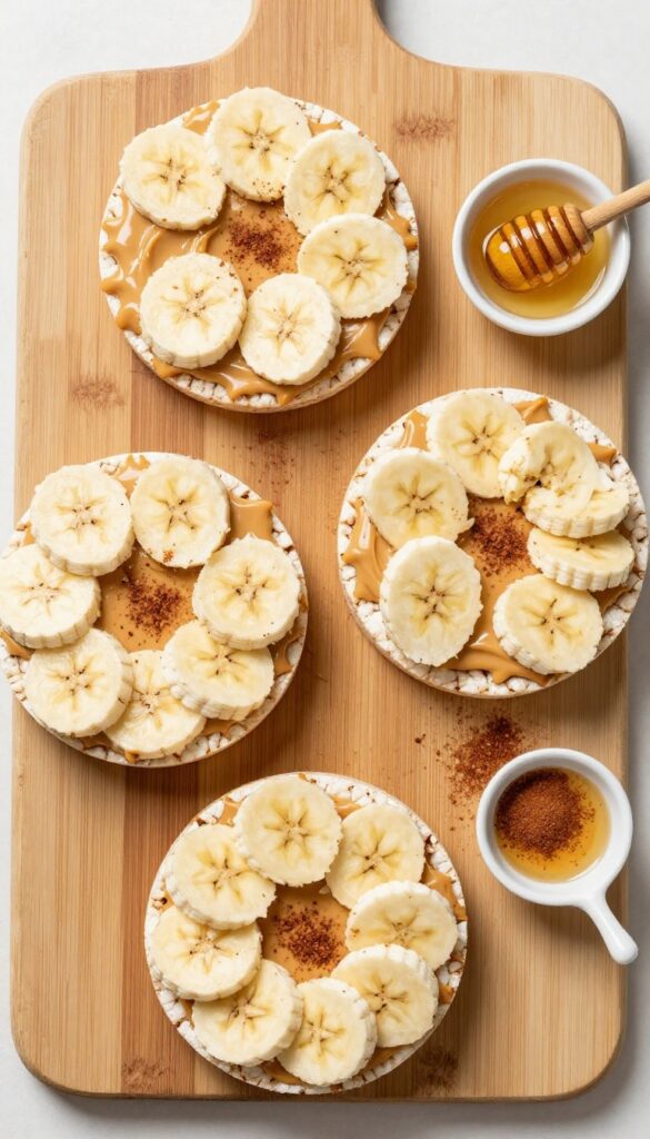 Rice cakes with peanut butter and banana slices on a wooden board