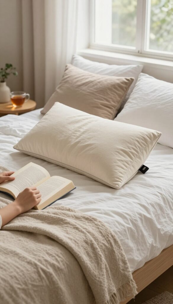 A cozy bedroom setup featuring an adjustable reading pillow with arms, a person reading a book, soft natural light, and warm decor.