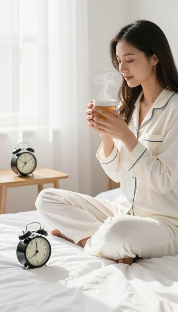 Woman enjoying a screen-free morning with tea in a sunlit bedroom