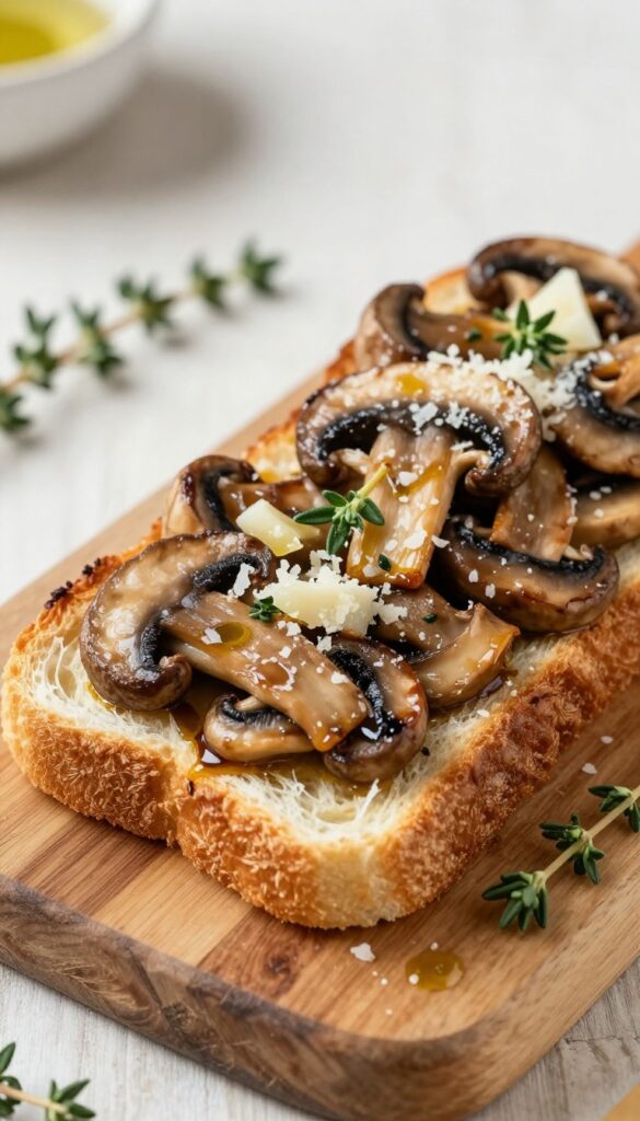 Mushroom and thyme toast on a wooden board