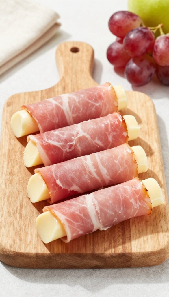 Ham and cheese roll-ups on a wooden board with grapes and apple