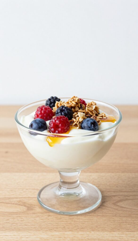 Layered berry yogurt parfait in a glass with granola and honey drizzle