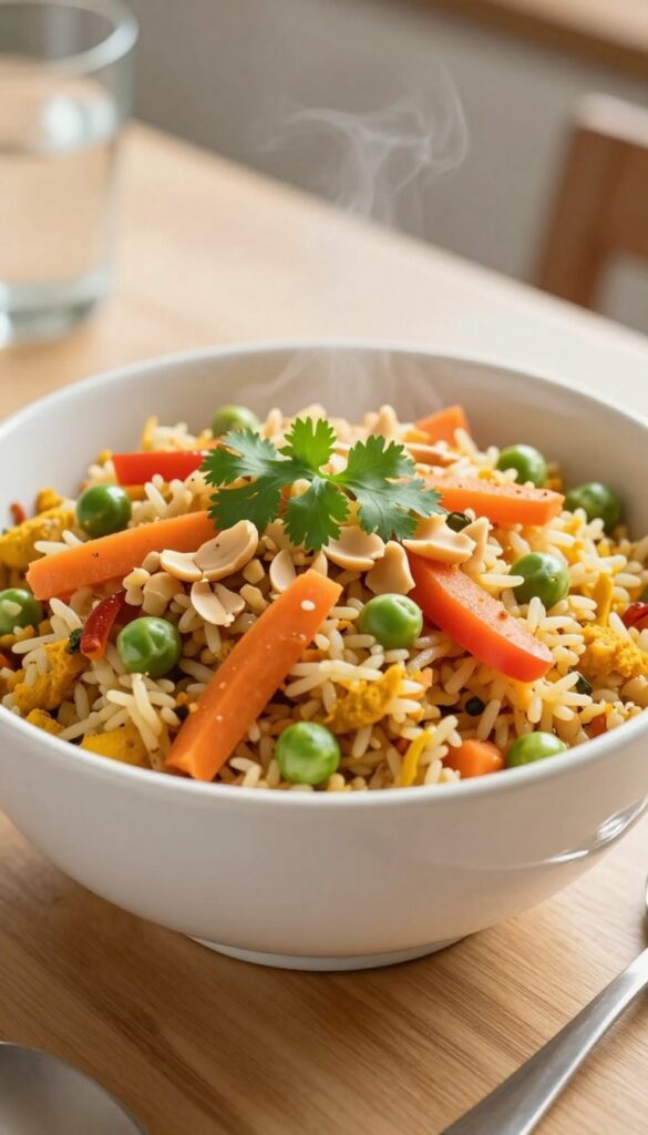 Bowl of Vegetable Poha with colorful vegetables and peanuts on a wooden table
