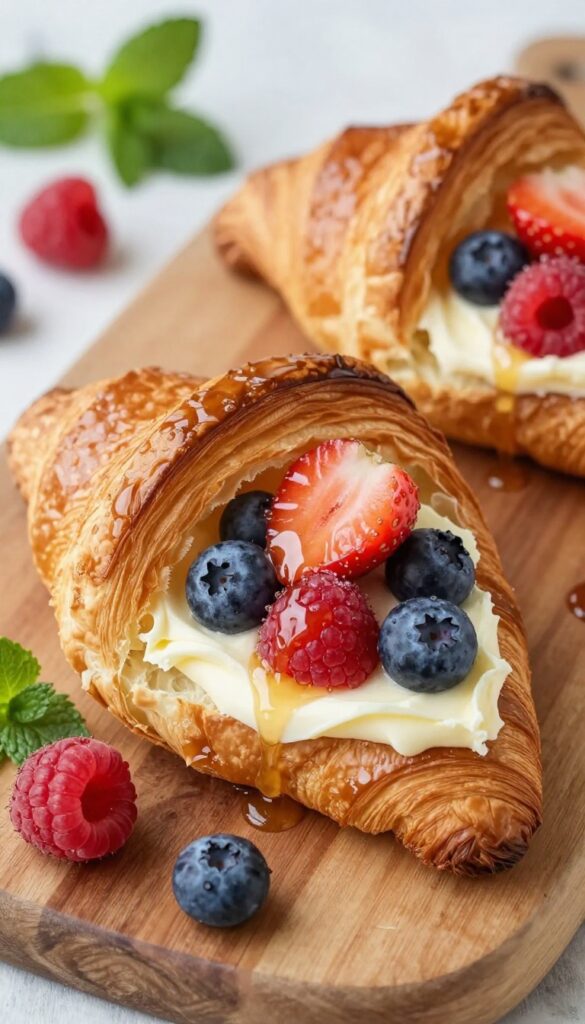 Berry cream cheese croissant with fresh berries and honey drizzle on a wooden board.