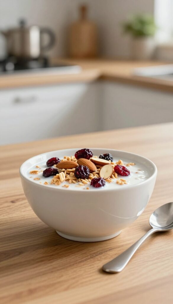 Bowl of muesli with milk and nuts on a wooden table in natural morning light