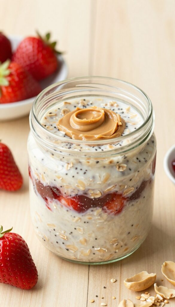 A glass jar of peanut butter and jelly overnight oats with layers of creamy oats, peanut butter, and berry jam, on a wooden table with fresh strawberries and peanuts.