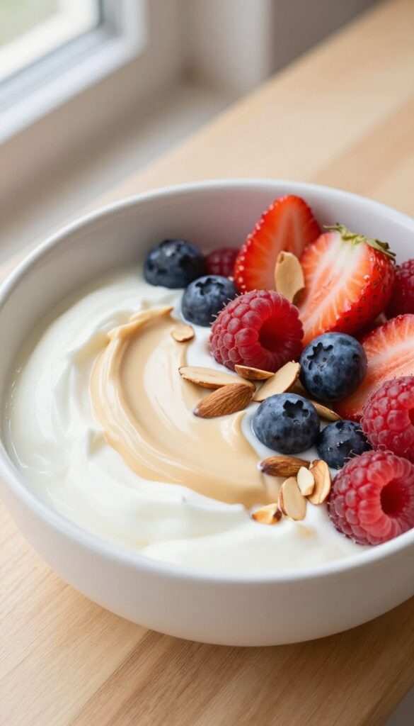 Berry almond crunch yogurt bowl with Greek yogurt, mixed berries, sliced almonds, and almond butter drizzle.