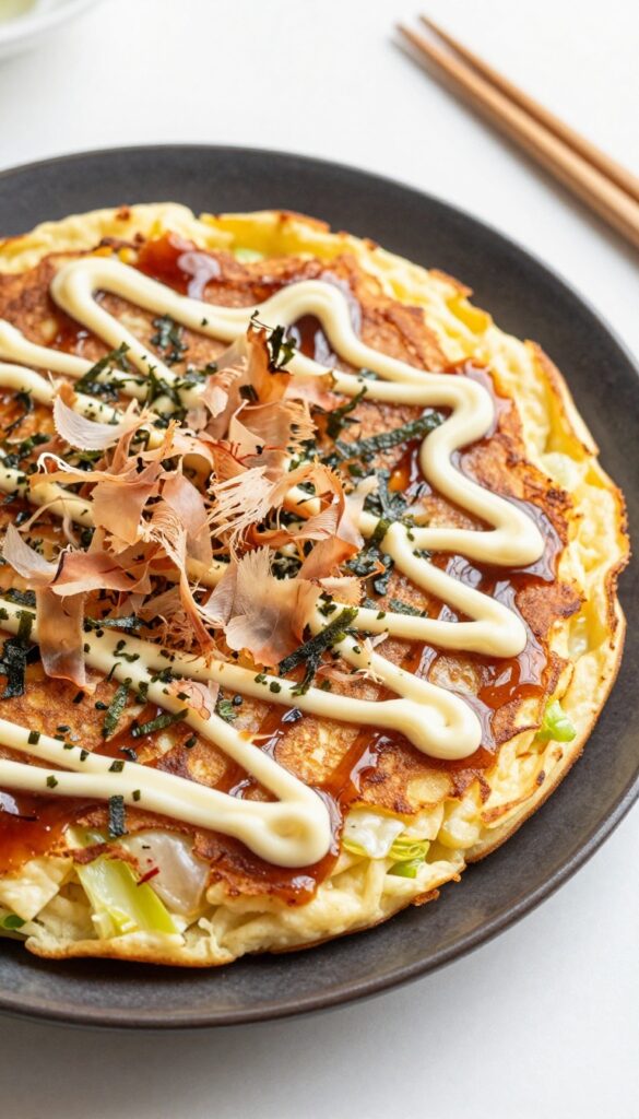 A Japanese okonomiyaki savory pancake topped with mayonnaise, sauce, and bonito flakes on a dark plate.