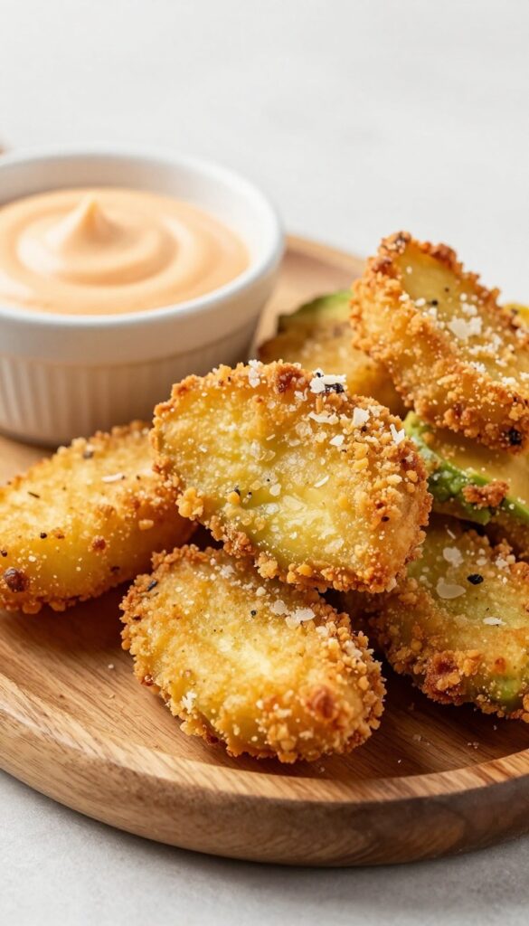 Golden crispy air-fried avocado fries with spicy dipping sauce on a wooden board.