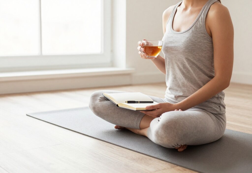 Woman practicing morning self-care routine by a sunny window
