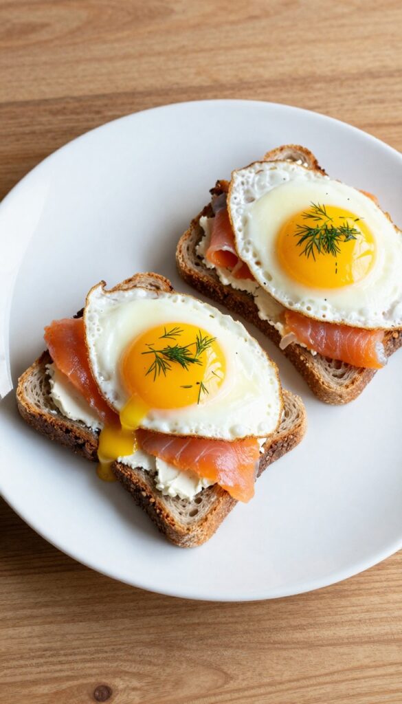 Smoked salmon and fried egg on rye toast with cream cheese and dill