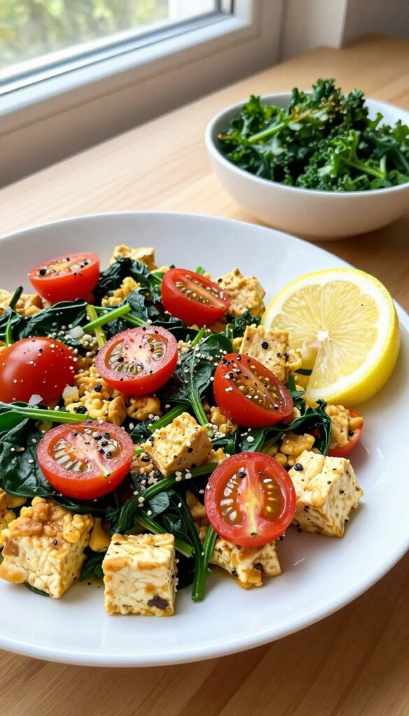 Tofu scramble with vegetables on a plate, with sautéed kale on the side.