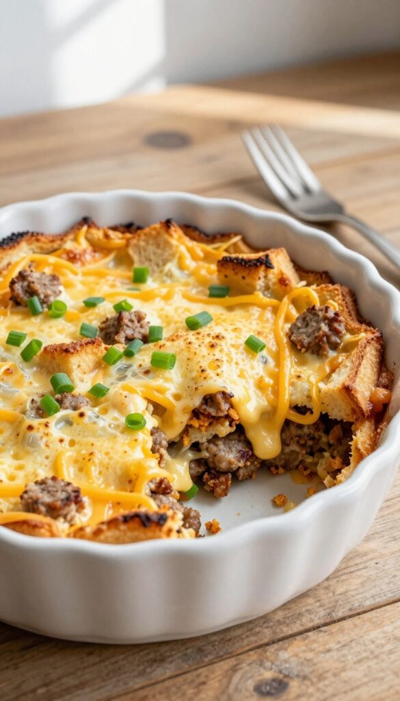 Golden breakfast casserole with sausage and cheese in a white dish on a wooden table