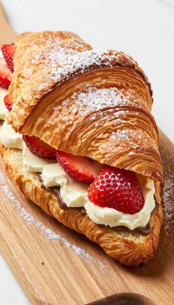Nutella and strawberry croissant sandwich on a wooden board