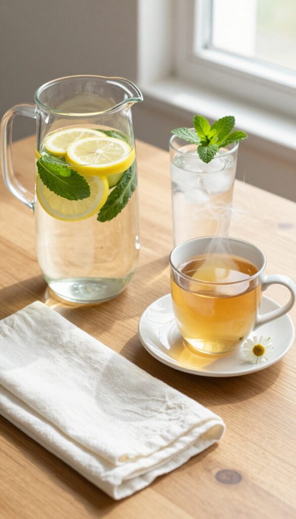 Hydration ritual with infused water and herbal tea on a wooden table in natural light