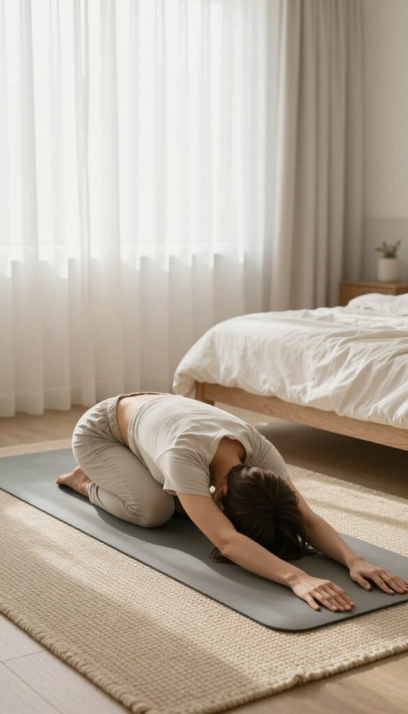 Woman stretching in forward fold on yoga mat in serene bedroom
