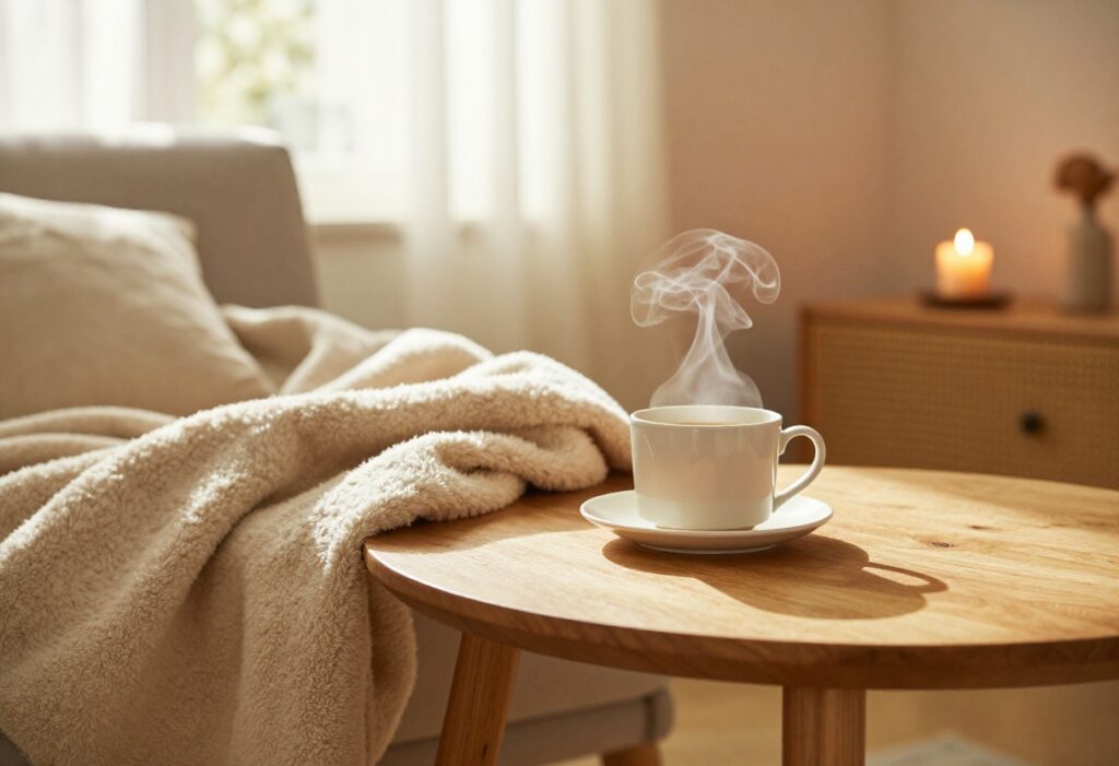 Cozy living room with tea and candle for a peaceful self-care Sunday