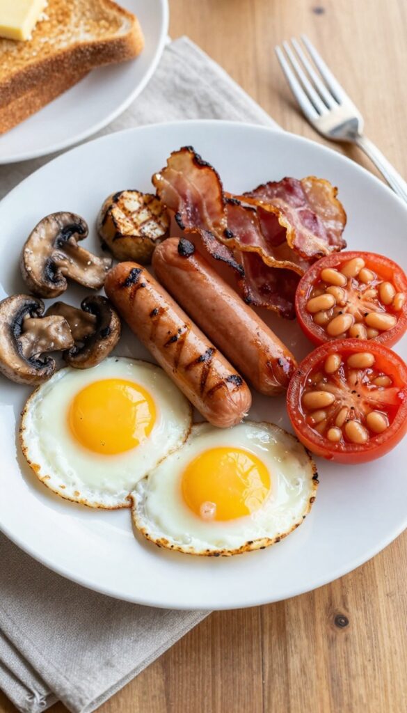 Vegetarian full English breakfast with halloumi, eggs, sausages, bacon, mushrooms, tomato, beans, and toast on a white plate.