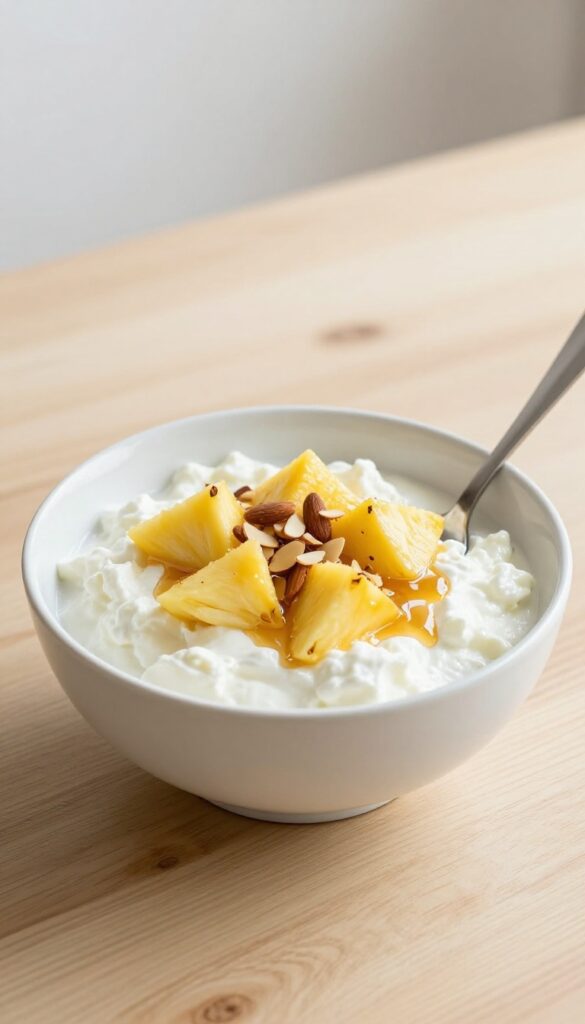 Cottage cheese bowl with pineapple, almonds, and honey on a wooden table