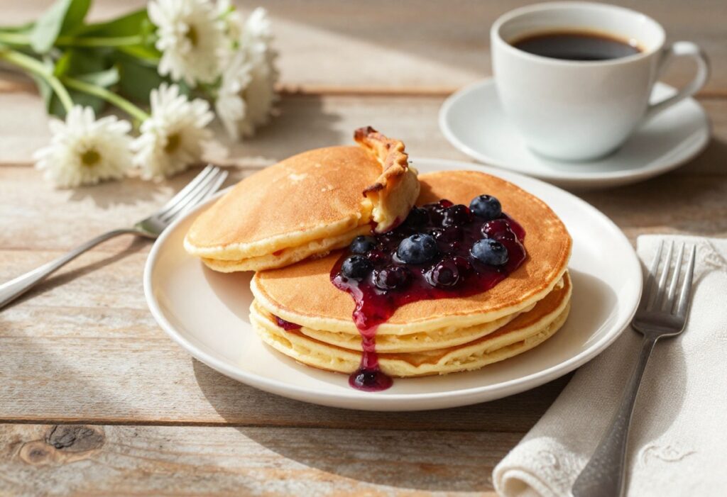 Cozy anniversary breakfast spread with pancakes, tart, and coffee on a wooden table