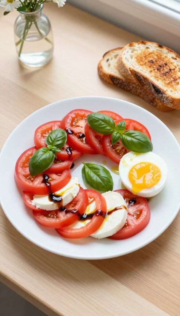 Caprese breakfast salad with tomatoes, mozzarella, basil, balsamic glaze, and a soft-boiled egg on a plate, with toast on the side, on a wooden table in a cozy kitchen nook.
