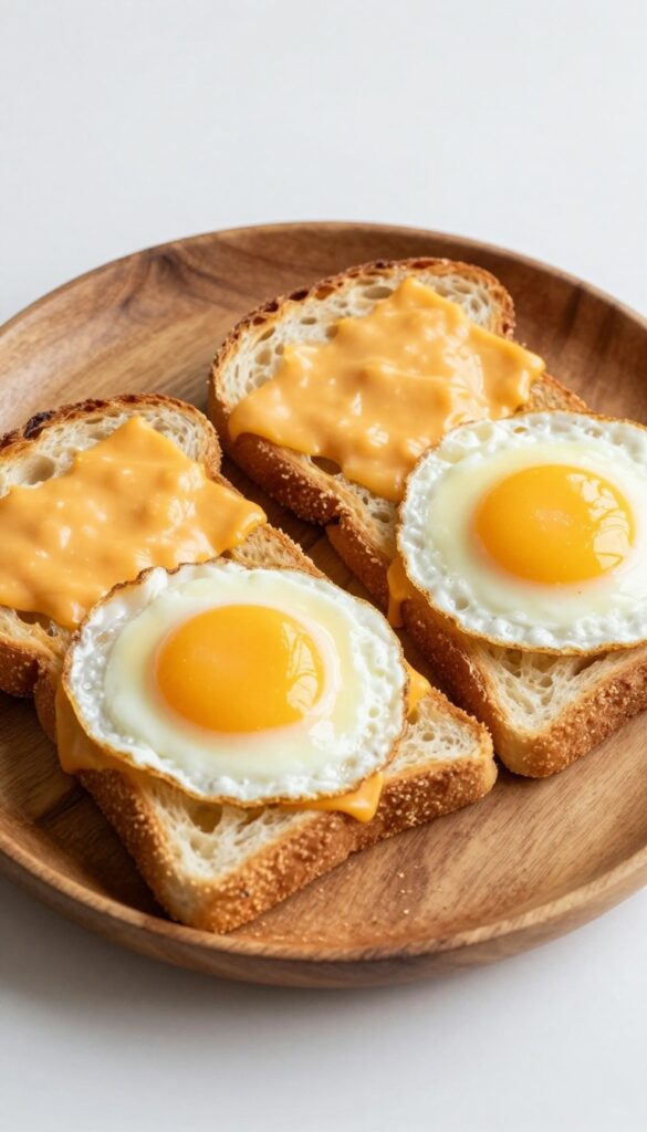 Egg and cheddar toast with runny yolk on crispy sourdough