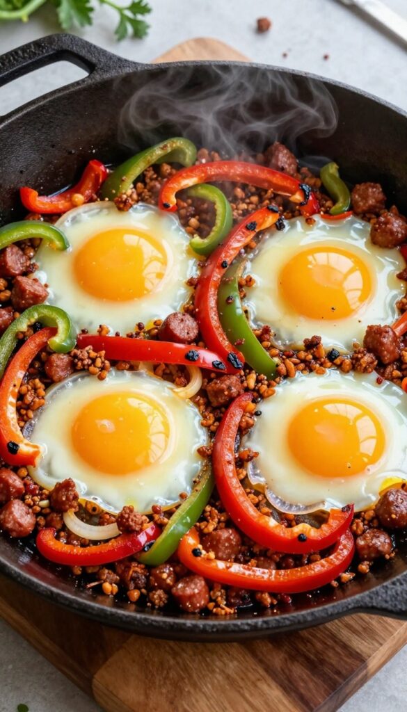 Spicy sausage and pepper skillet with eggs in a cast-iron pan