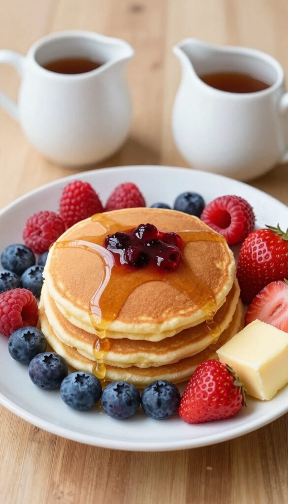 Fluffy buttermilk pancakes with berry compote and maple syrup on a plate
