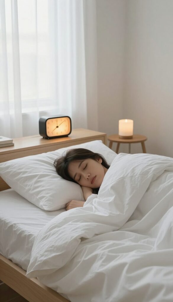 Person waking gently in a sunlit bedroom with a sunrise alarm clock, no alarm sound, cozy morning atmosphere.