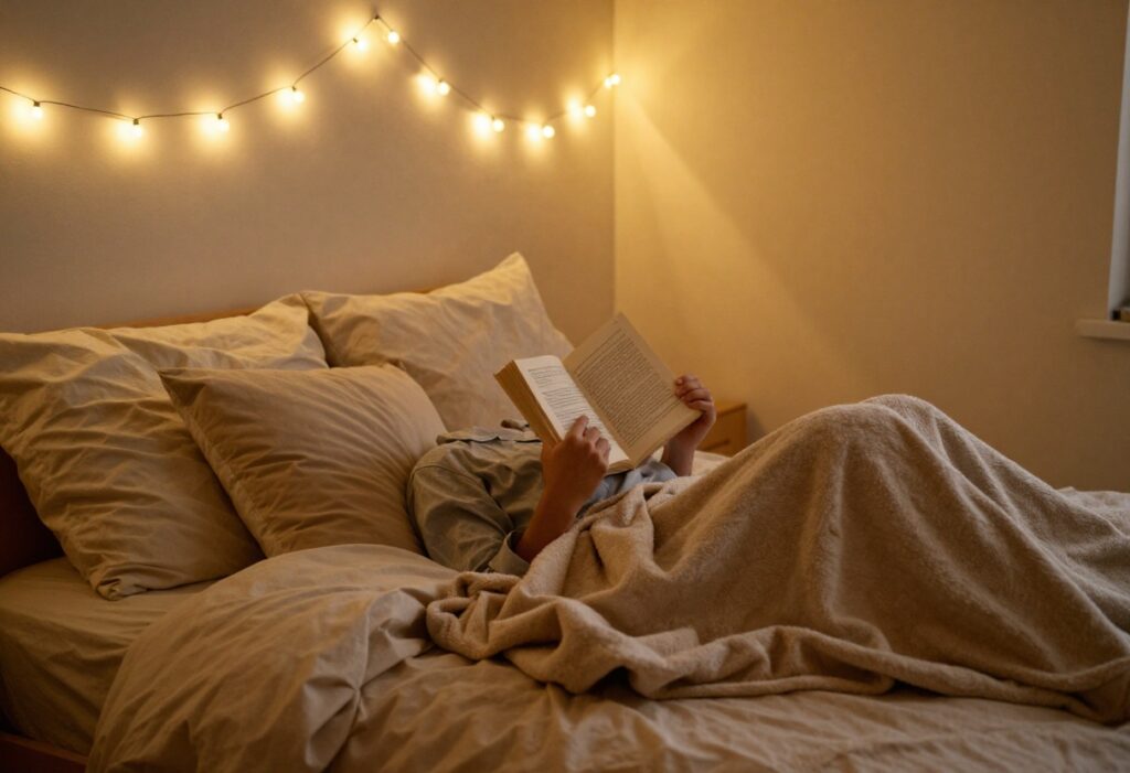 Cozy bedroom scene with person reading in pajamas under warm lighting